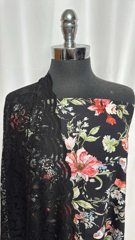 BLACK FLORAL/LACE BUNDLE : 28" Cut of Black Floral N/S & 1YD Black Stretch Lace : A29212