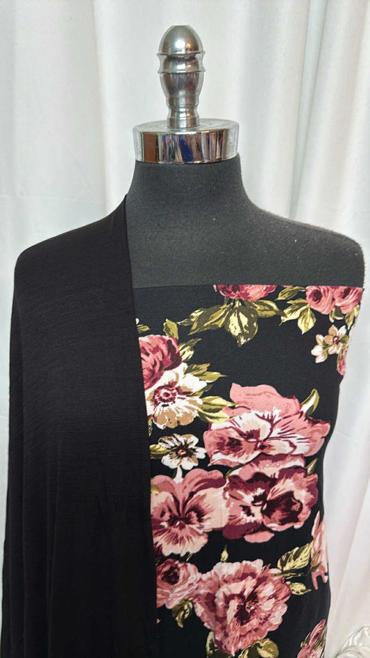 BLACK/PINK FLORAL BUNDLE : 2YD Black/Pink Floral DBP & 2YD Black Ice Slub R/S : A27768