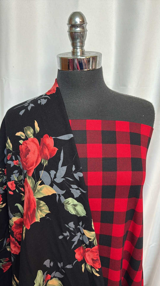 PLAID/BLACK FLORAL BUNDLE : 2YD Red/Black Buffalo Plaid DBP & 2YD Black Floral Brushed C/S FT : A28521