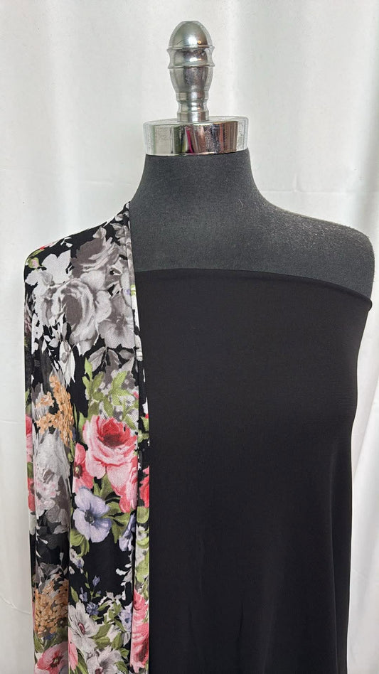 BLACK WOVEN/FLORAL MESH BUNDLE : 2YD Black Stretch Woven & 2YD Floral Stretch Mesh : A30208
