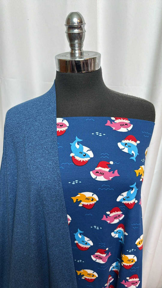 HEATHER BLUE/SANTA SHARKS BUNDLE : 1.5YD Heathered Blue DBP & 2YD Santa Sharks DBP : A28087