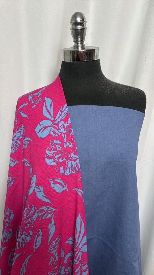 DENIM/FUCHSIA FLORAL BUNDLE : 3YD Stretch Twill & 2YD Crinkle Poly Woven : A30376