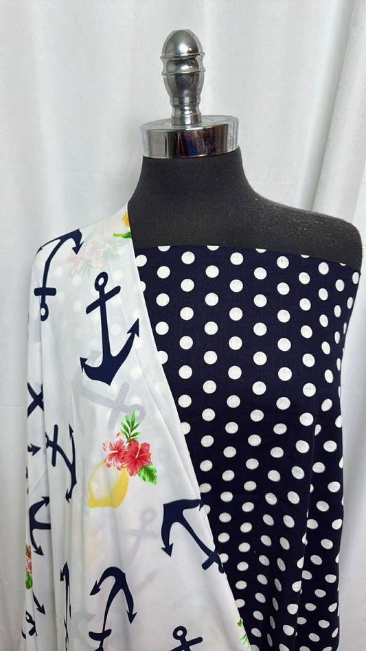 NAVY DOTS/ANCHORS BUNDLE : 2YD Navy Dots Linen-Blend & 2YD Anchor/Lemon Poly Woven : A30298