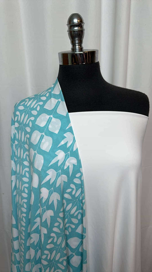 WHITE/LIGHT BLUE LEAVES BUNDLE : 2YD White Yoga PF & 2YD Light Blue Leaves ITY : A26980