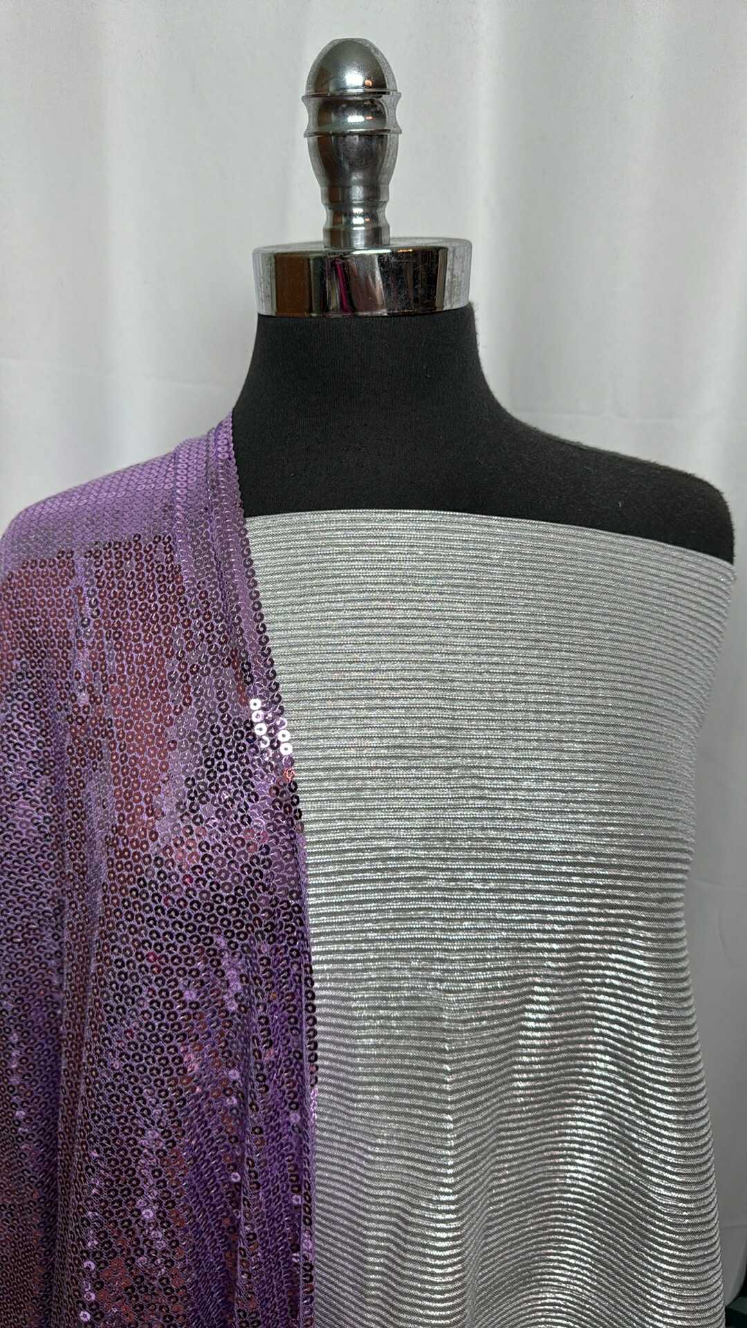 SILVER/PURPLE SEQUINS BUNDLE : 2YD Silver Foil Pleated Woven & 2+YD Purple Sequins on Mesh : A29046