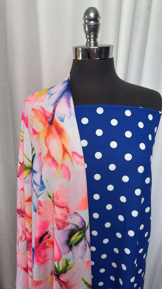 BLUE DOT/NEON FLORAL BUNDLE : 1YD Neon Floral Liverpool & 2YD Blue Dot Crepe Jersey : A26129