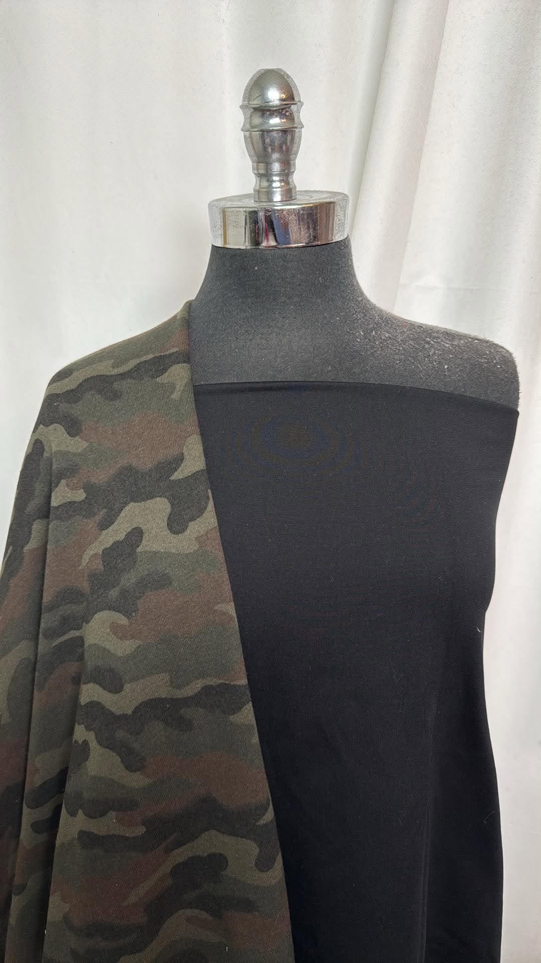 BLACK/CAMO FLEECE BUNDLE :  2YD Solid Black Peached PF & 1+YD Camo Brushed Sweatshirt Fleece : A30744
