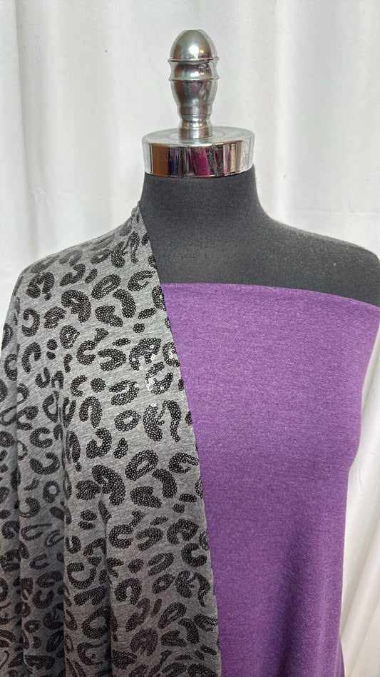 PURPLE/SEQUIN LEOPARD BUNDLE : 2YD Purple 1x1 Cotton Rib & 2YD Sequin Leopard PRS Jersey : A28403