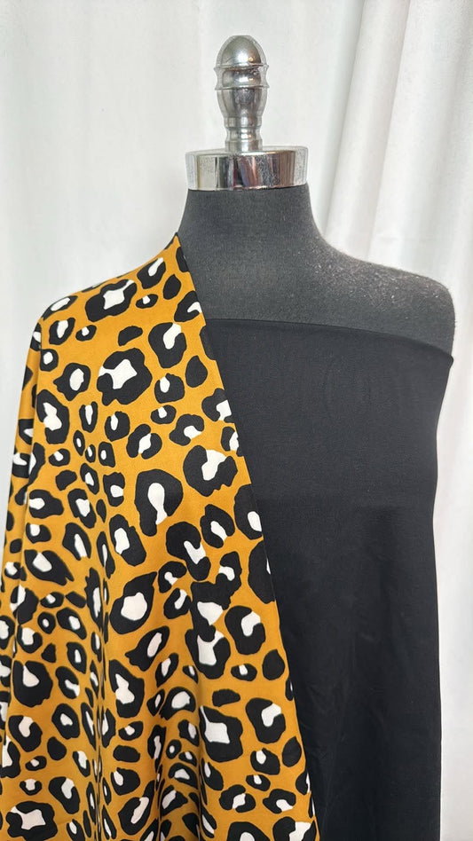 BLACK/MUSTARD LEOPARD BUNDLE :  1YD Solid Black Peached PF & 2YD Mustard Leopard Scuba : A30745