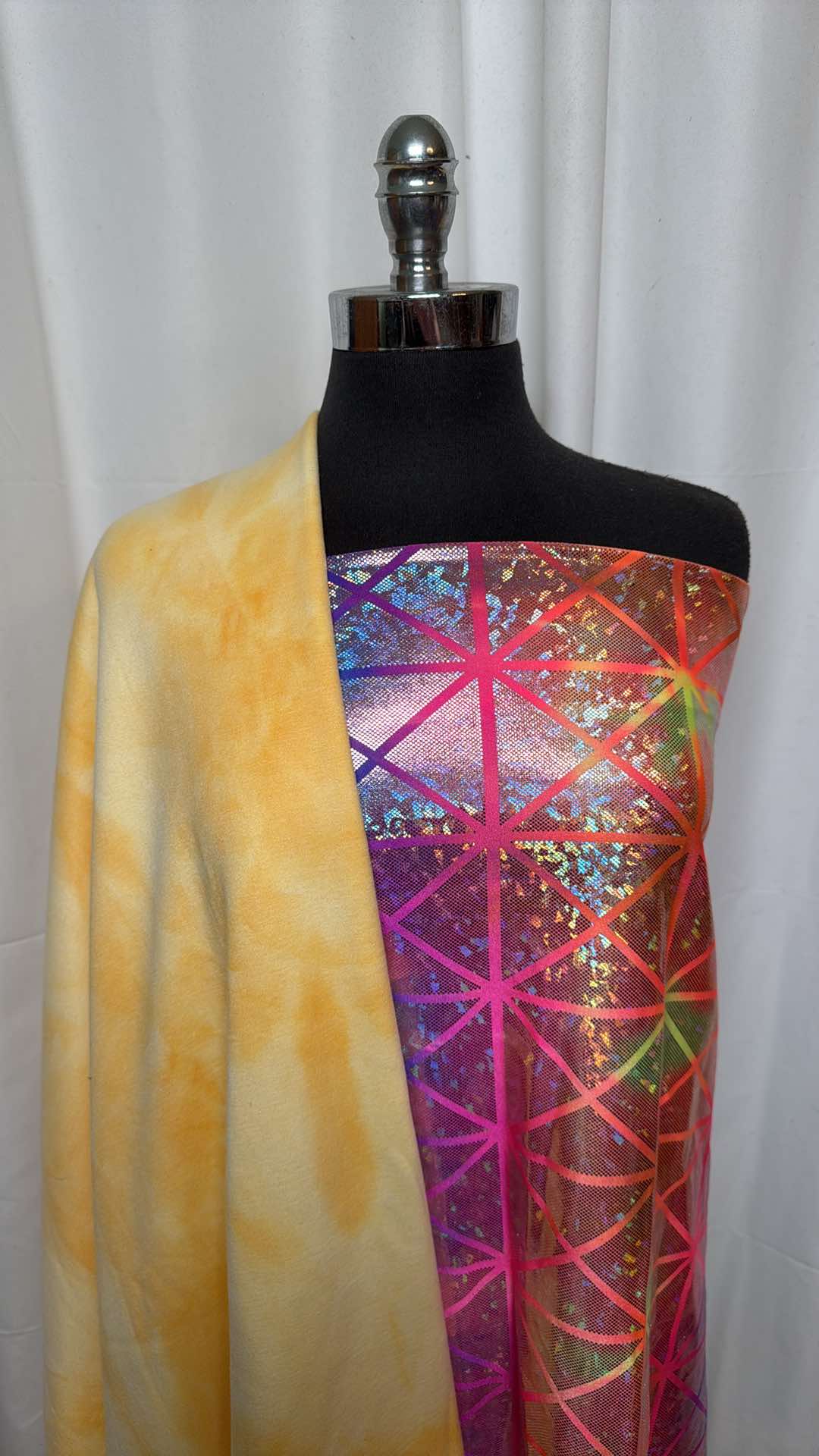 HOLO/YELLOW TIE DYE BUNDLE : 1YD Holographic Foil PF & 1YD Yellow Tie Dye Poly Fleece : A26435