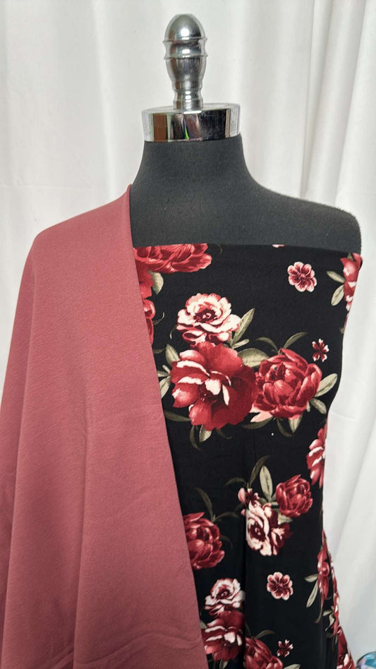 ROSE/BLACK FLORAL BUNDLE : 2YD Black Floral DBP & 2YD Rose Nylon Ponte : A27153