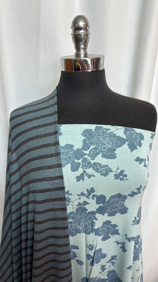 BAMBOO BUNDLE : 2YD Blue Floral Bamboo & 2YD Stripe Bamboo : A28778