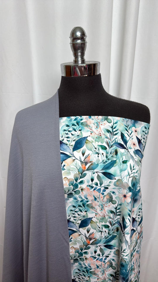 SILVER/BLUE-GREEN FLORAL BUNDLE : 30" Cut of Blue/Green Floral Peached PF & 1YD Silver 100% Merino Wool Interlock : A27067