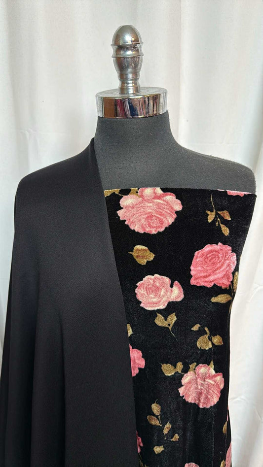 BLACK/PINK ROSES BUNDLE : 2YD Pink Roses Stretch Velvet & 2YD Black C/P FT : A28526