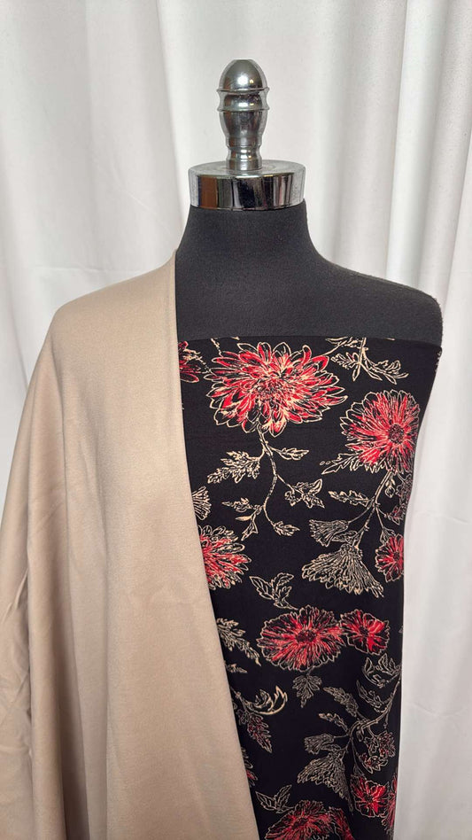TAUPE/BLACK FLORAL BUNDLE : 2YD Black Floral DBP & 2YD Taupe Nylon Ponte : A26383