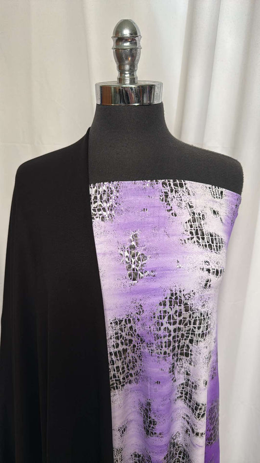 BLACK/DISTRESSED LEOPARD BUNDLE : 2YD Purple Distressed Leopard Foil ITY & 2YD Black Cotton Ponte : A26478
