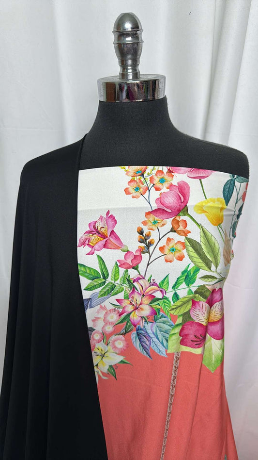 BLACK/FLORAL BORDER BUNDLE : Two 28" Double Border Floral N/S Panels & 2YD Black Top-Weight PF : A27287