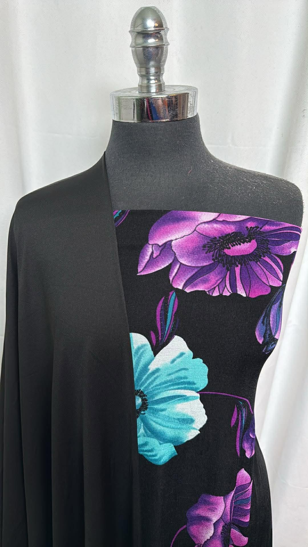 BLACK/TURQUOISE-PURPLE FLORAL BUNDLE : 1YD Black/Turquoise/Purple Floral Slinky & 2YD Black Heavy Yoga PF : A30304