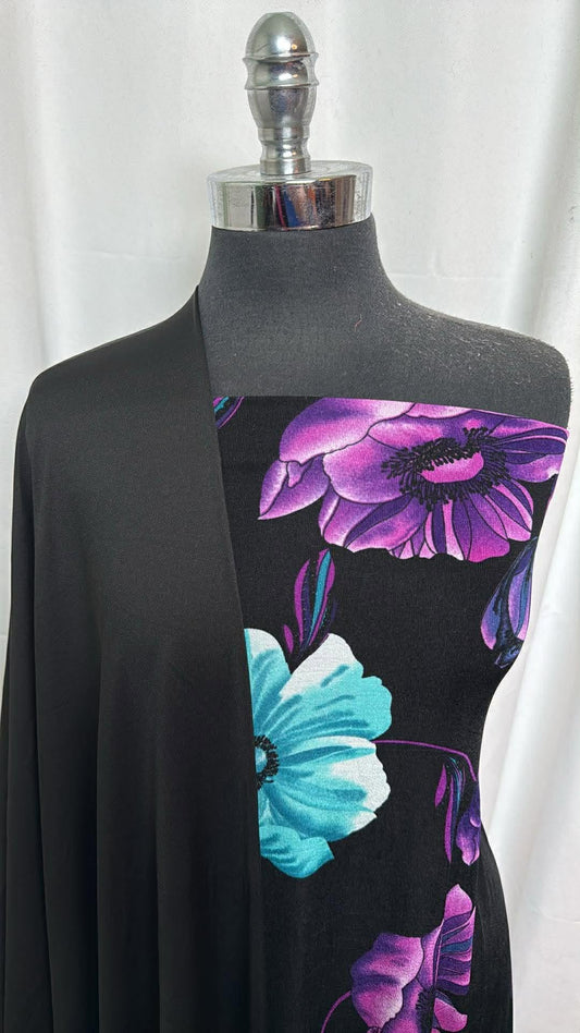 BLACK/TURQUOISE-PURPLE FLORAL BUNDLE : 1YD Black/Turquoise/Purple Floral Slinky & 2YD Black Heavy Yoga PF : A30304