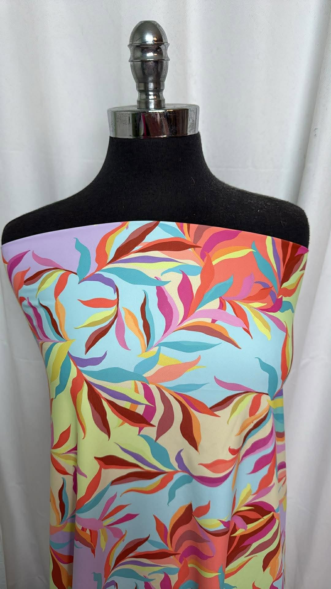 Yellow/Blue/Coral/Purple Leaves - Designer Nylon/Spandex Swim - 2 Yard Cut