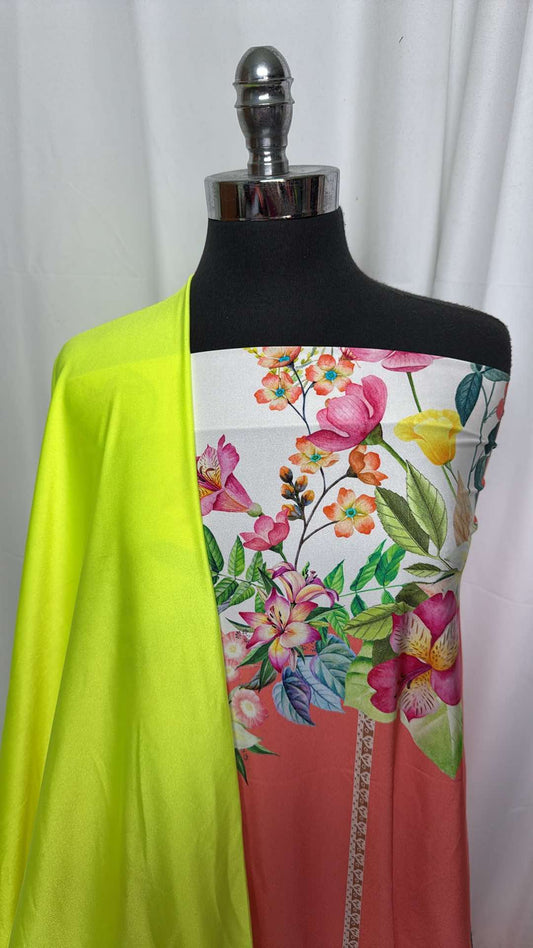 YELLOW/FLORAL BORDER BUNDLE : Two 28" Double Border Floral N/S Panels & 2YD Bright Yellow Shimmer PF : A27288
