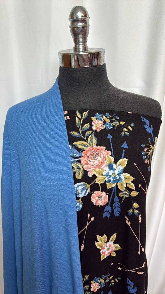 BLUE/FLORAL-FEATHER-ARROW BUNDLE : 1YD Blue Rib & 2YD Floral/Feather/Arrow DBP : A27835