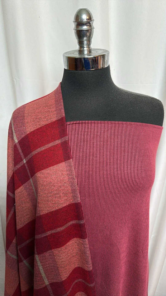 BURGUNDY/PLAID BUNDLE : 2YD Burgundy R/S Rib & 1YD Plaid Flatback Hacci SK : A28262