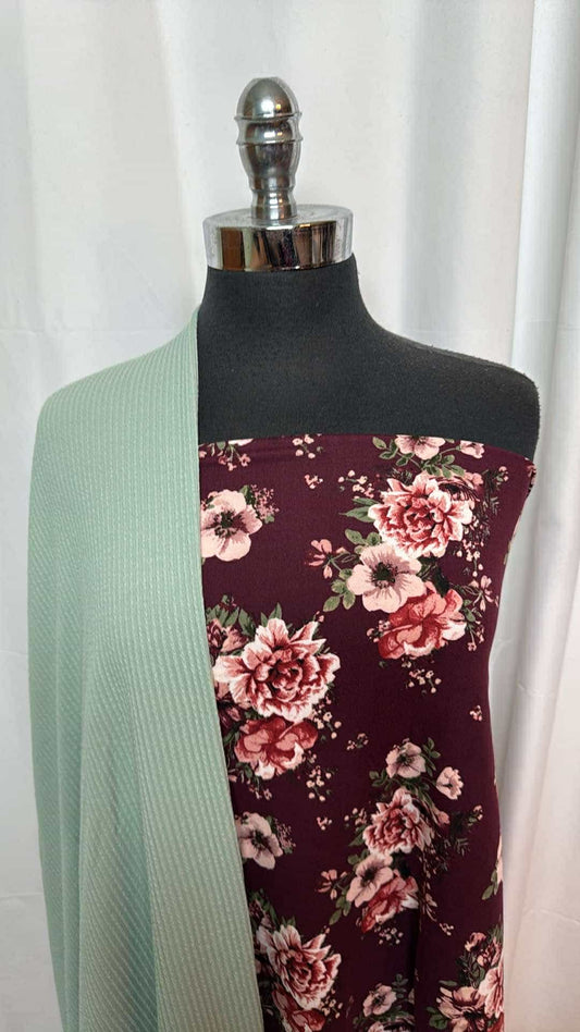 SAGE/BURGUNDY FLORAL BUNDLE : 1.5YD Sage Rib DK & 2YD Burgundy Floral DBP : A26988