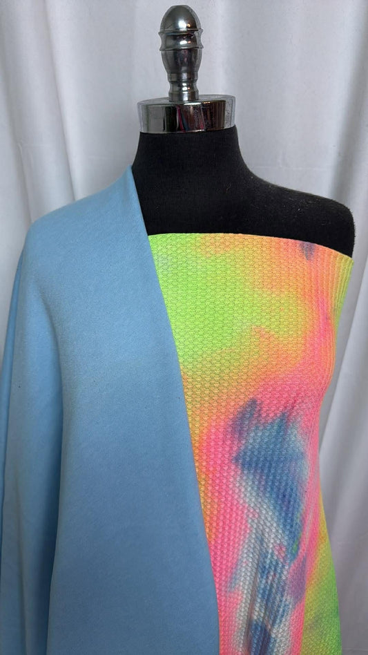 LIGHT BLUE/BRIGHT TIE DYE BUNDLE : 2.5YD Bright Tie Dye Waffle & 2YD Light Blue Sweatshirt Fleece (72" Wide) : A30276