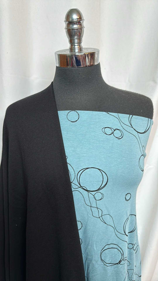 BLACK/BLUEBIRD BUBBLES BUNDLE : 1.5YD Bluebird/Black Bubbles Bamboo/Cotton & 2YD Black C/P FT : A28529