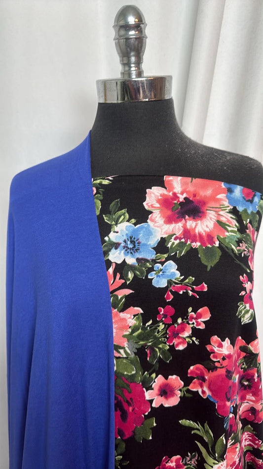 ROYAL/BLACK FLORAL BUNDLE : 2YD Black Floral Ponte & 2YD Royal Blue R/S : A30841