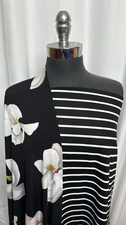 BLACK/WHITE STRIPE/FLORAL BUNDLE : 2YD Black/White Stripe Ponte & 1YD Black/White Floral ITY : A28264