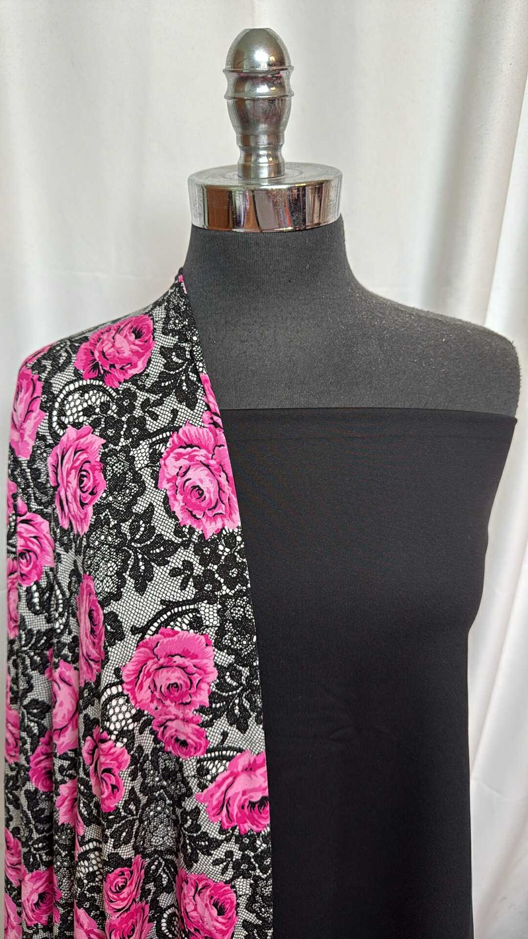 BLACK/FLORAL LACE BUNDLE : 2YD Black Peached PF & 2.5YD Pink Floral/Lace Modal : A27837