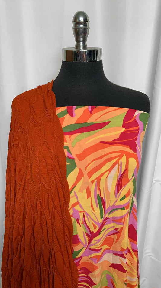 RUST/ORANGE LEAVES BUNDLE : 3YD Orange Leaves Bulgari & 3YD Rust Textured P/S : A25917