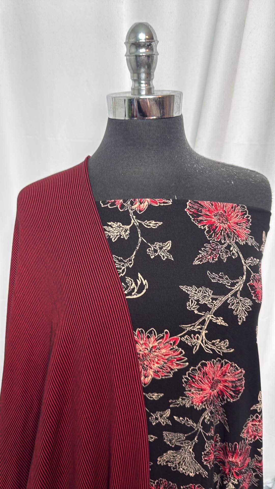 BLACK FLORAL/RED-BLACK RIB BUNDLE : 2YD Black Floral DBP & 2YD Red/Black Rib R/S : A30712