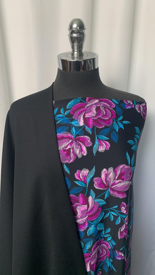 PURPLE ROSES on BLACK BUNDLE : 2YD Roses N/S & 1YD Black Peached PF : A1431
