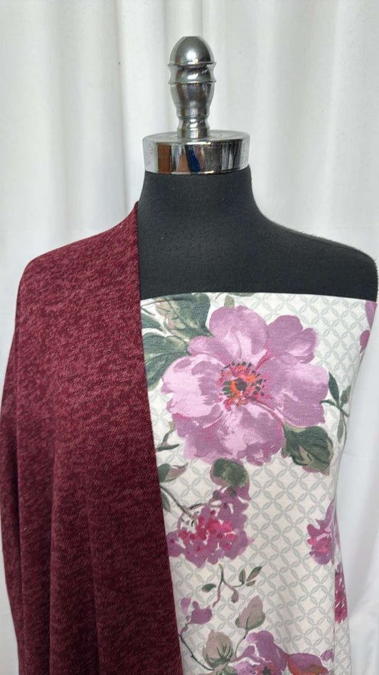 BURGUNDY/LATTICE FLORAL BUNDLE : 2YD Burgundy Flatback Hacci SK & 2YD Lattice Floral PRS FT : A26873