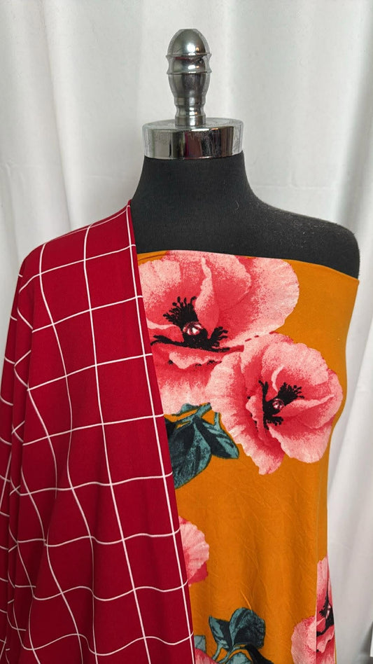 POPPIES/WINDOWPANE BUNDLE : 3.5YD Poppies DBP & 2YD Windowpane Crepe Scuba : A30178