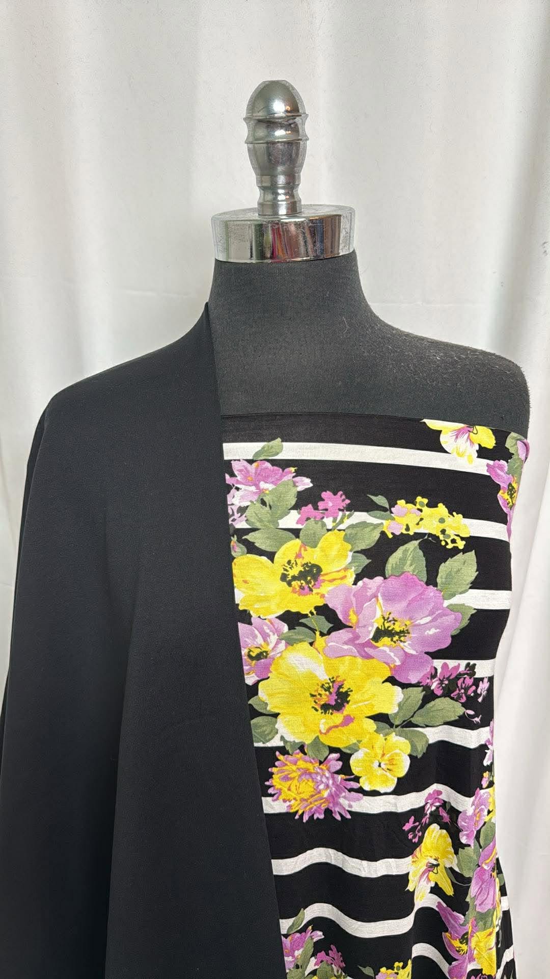 BLACK FLORAL STRIPE BUNDLE : 2YD Floral Stripe Modal Spandex & 2YD Black Brushed PF : A30154
