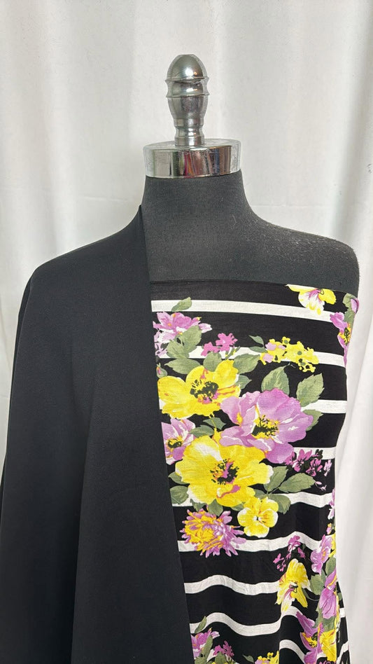 BLACK FLORAL STRIPE BUNDLE : 2YD Floral Stripe Modal Spandex & 2YD Black Brushed PF : A30154