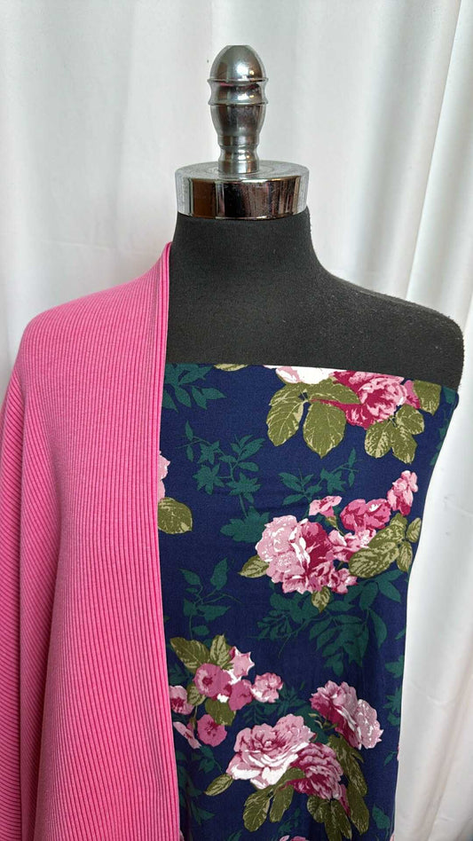NAVY FLORAL/PINK RIB BUNDLE : 2YD Navy Floral DBP & 2YD Pink Cotton-Blend Flatback Rib : A27557