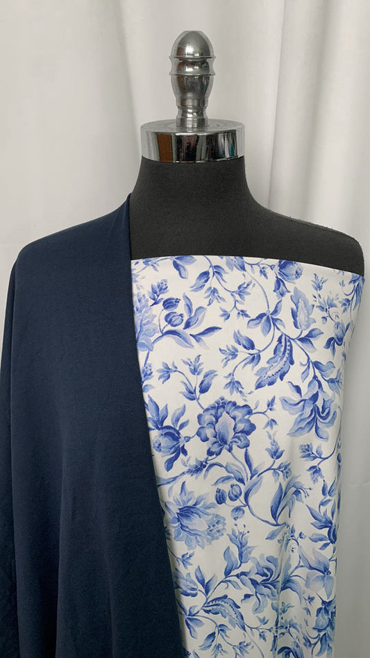 BLUE/IVORY FLORAL BUNDLE : 2YD Blue/Ivory Floral Crepe Scuba & 1.5YD Navy Peached PF : A2233
