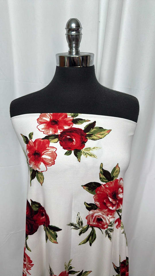 Ivory/Red Floral - Double Brushed Poly Spandex - 2 Yard Cut