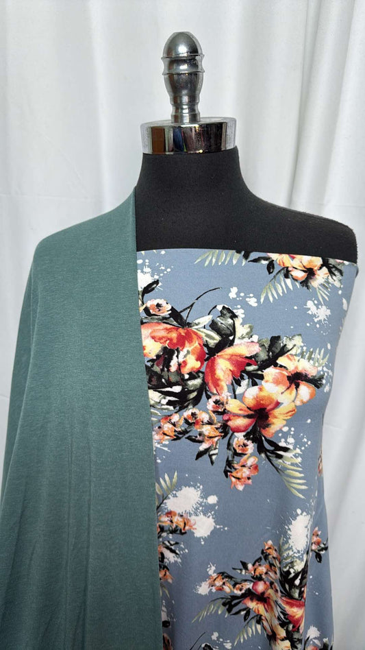 TEAL/SLATE FLORAL BUNDLE : 2YD Slate Floral DBP & 2.5YD Teal 1x1 Combed Cotton Rib : A27131