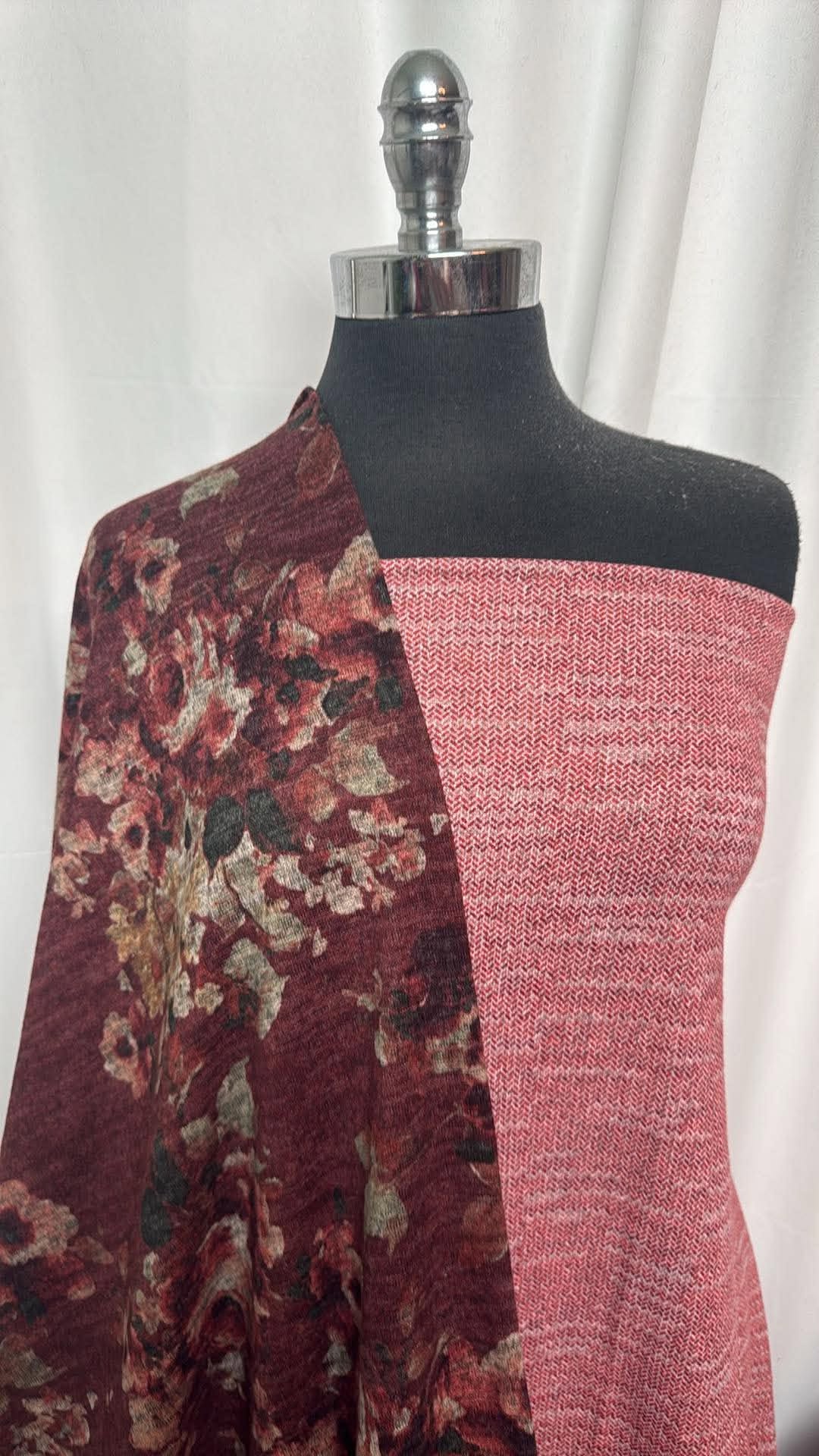 PINK/BURGUNDY FLORAL BUNDLE : 2YD Burgundy Floral Brushed Hacci SK & 1.5YD Pink Brushed Hacci SK : A30682