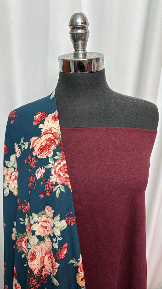 BURGUNDY/NAVY FLORAL BUNDLE : 2YD Floral PWD & 2YD Burgundy Peached PF : A28003