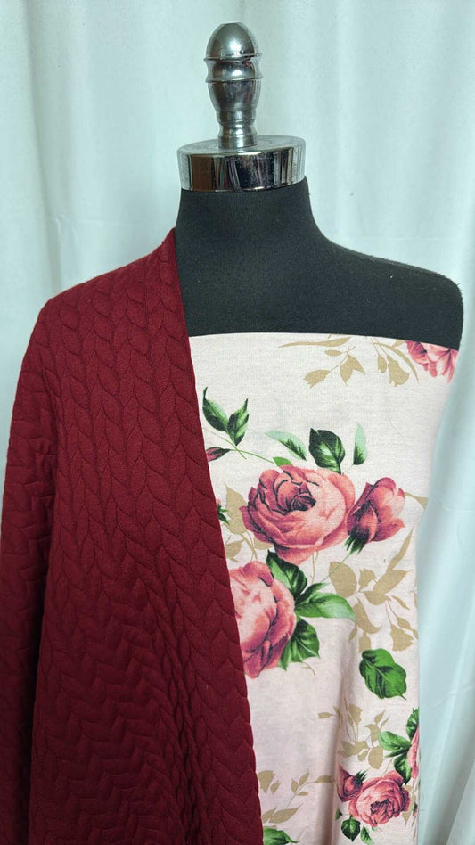 BURGUNDY QUILTED/FLORAL BUNDLE : 2YD Floral PRS FT & 2YD Burgundy Cable Quilted : A28473