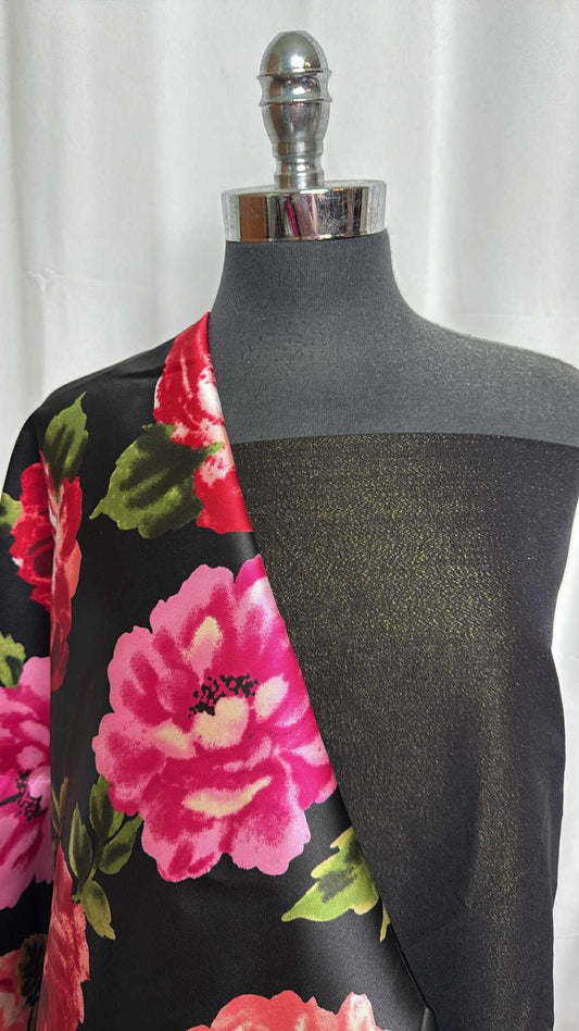 BLACK-GOLD LUREX/FLORAL BUNDLE : 2YD Floral Heavy Poly Woven & 2YD Black Millennium w/Gold Lurex : A28925
