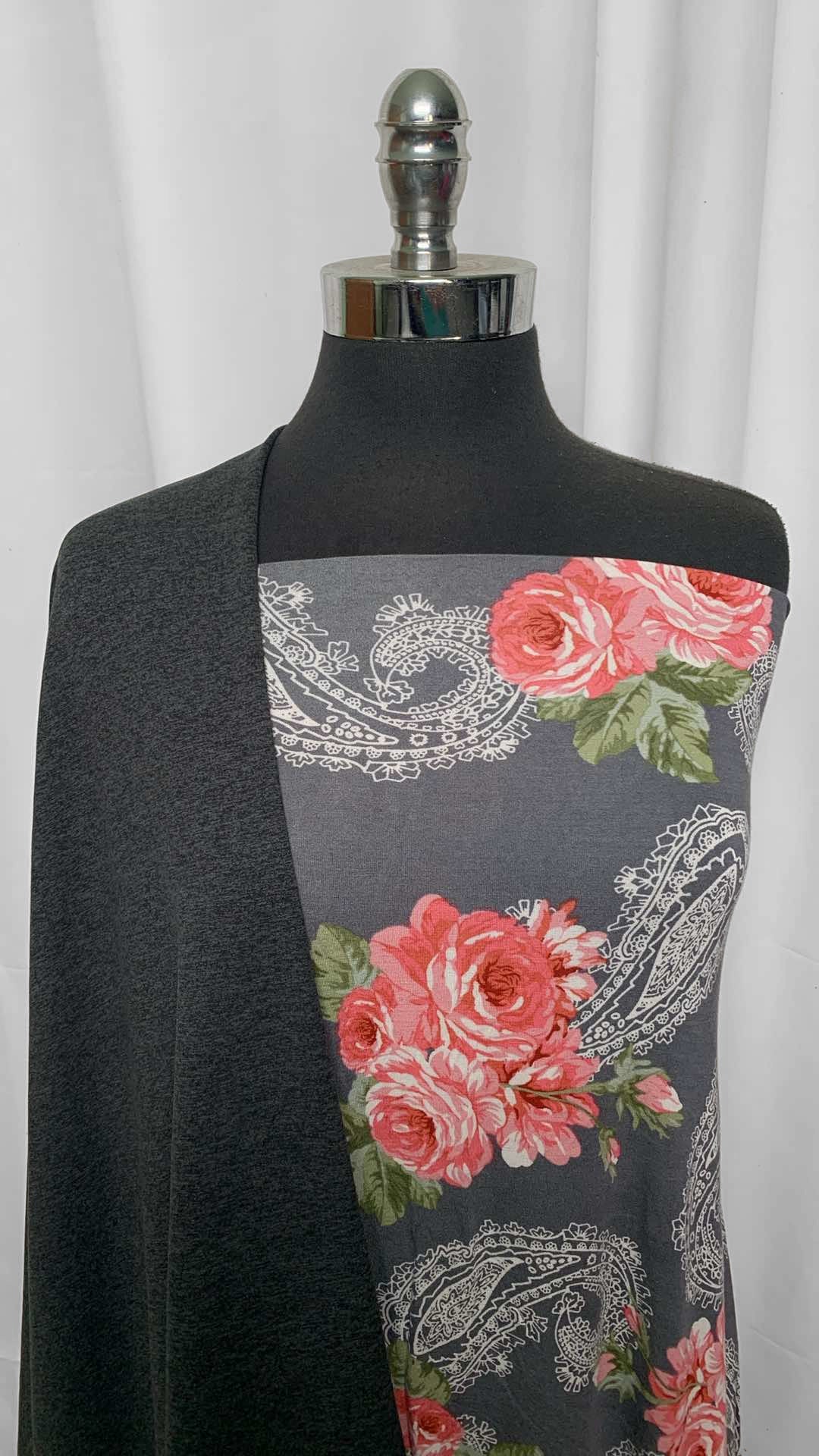 CHARCOAL/GREY FLORAL BUNDLE : 2YD Grey Floral/Paisley R/S & 1.5YD Charcoal 2-Tone Peached PF : A25802