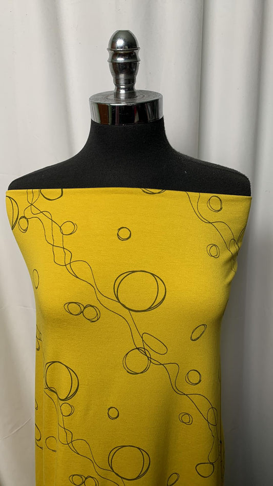 Mustard/Charcoal Bubbles - Bamboo/Cotton/Spandex - By the Yard